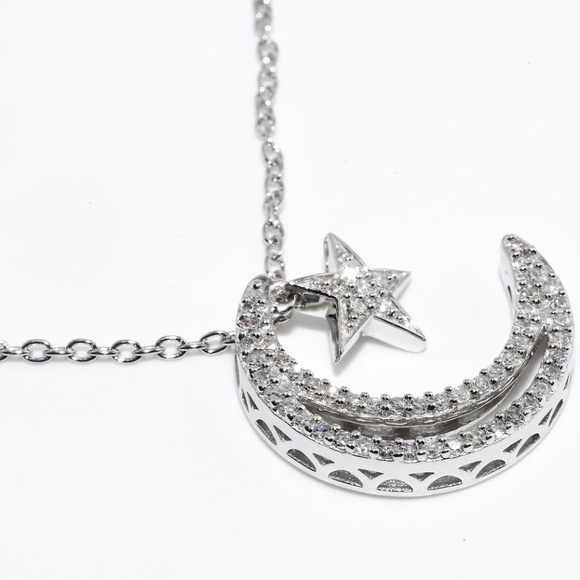 $600 .925 Sterling Silver .28CT Natural Diamond Cluster Moon & Star Necklace - Picture 5 of 7